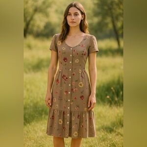 Christy Dawn Autumn Floral Print Button Front Midi Dress Beige Taupe Size Small